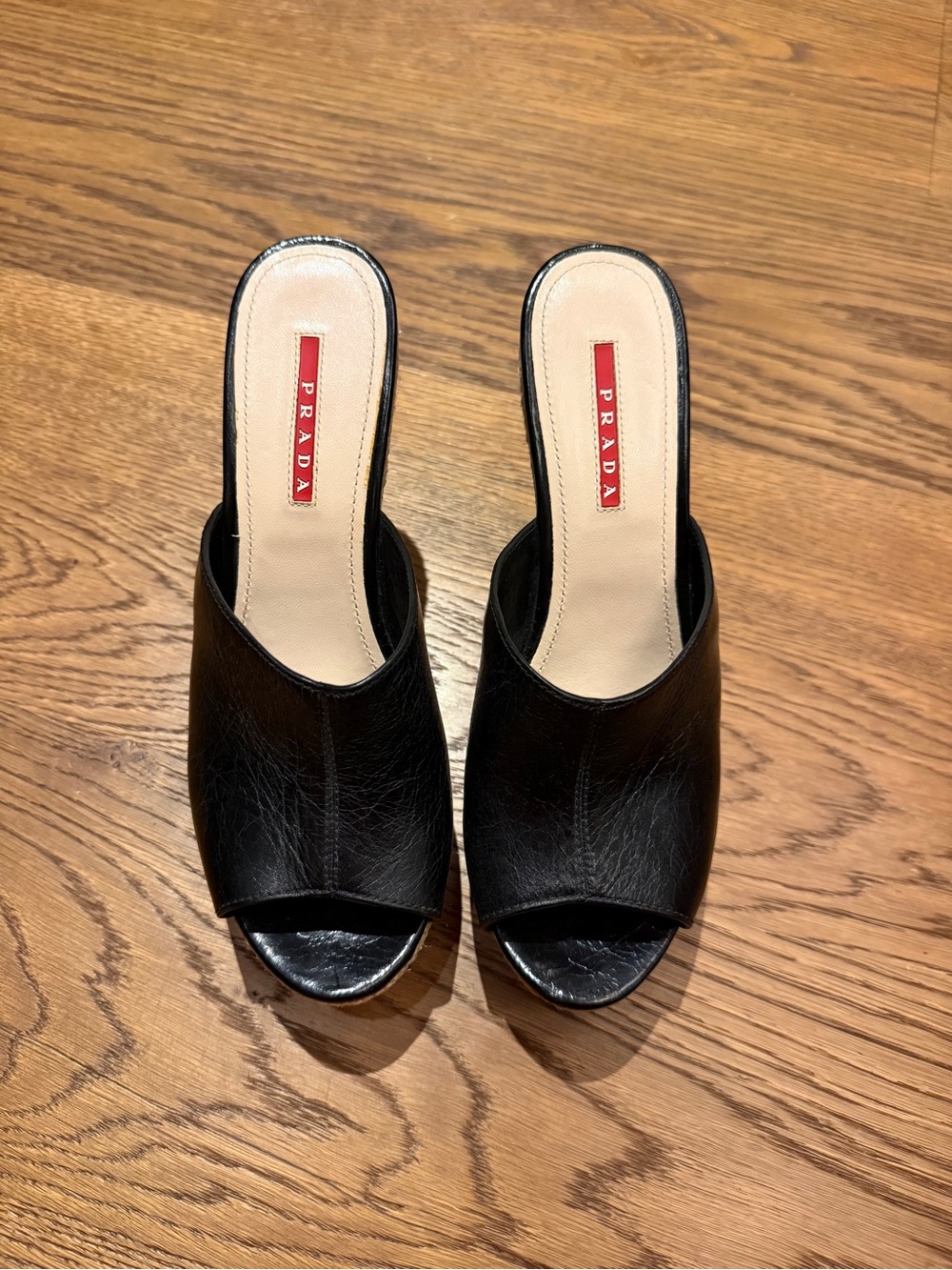 Prada Black Leather Cork Platform Mule Heels